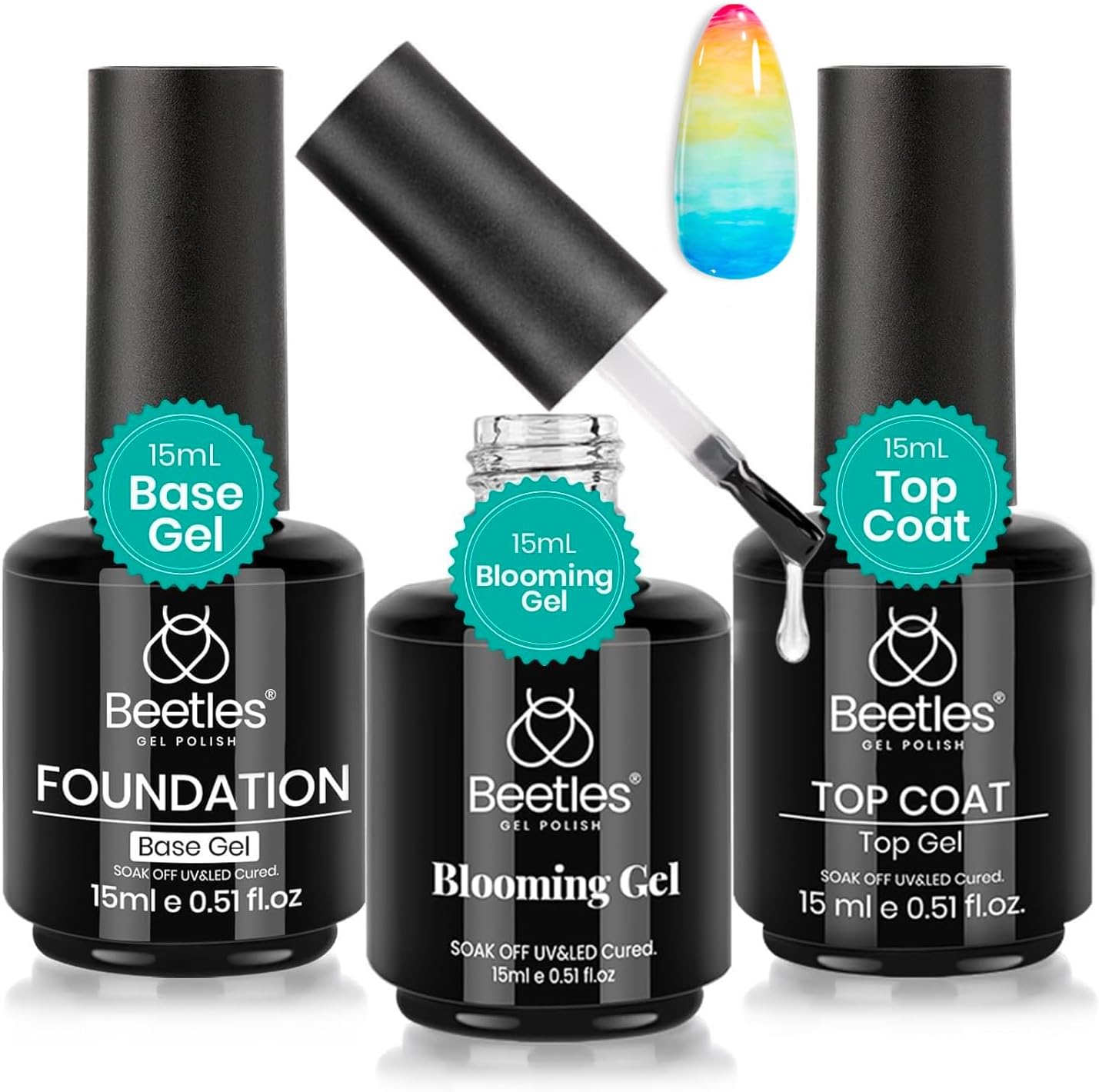 Beetles Nail Blooming Gel & No Wipe Gel Base Top Coat Set, 3 Pieces, 15 ml, Shiny Finish, Long Lasting Top Base Gel That Blooms, Nail Gel Nail Art Design, Manicure, Gifts for Women