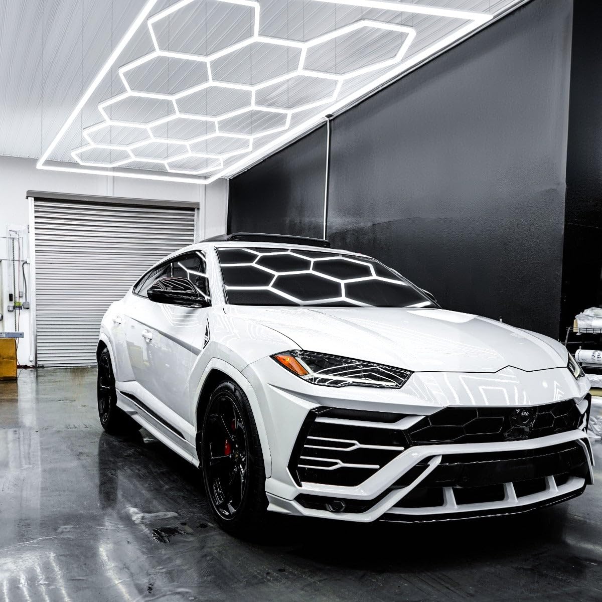 Hexagon LED Lampe 14 Leuchten & Gestell | Autogarage Werkstatt Fitnessstudio Salon Ausstellungsraum Lager | Modulares Waben Design | Weiß 700-1700 Lumen 6000K Farbtemperatur [INKL. 3 Montageoptionen]