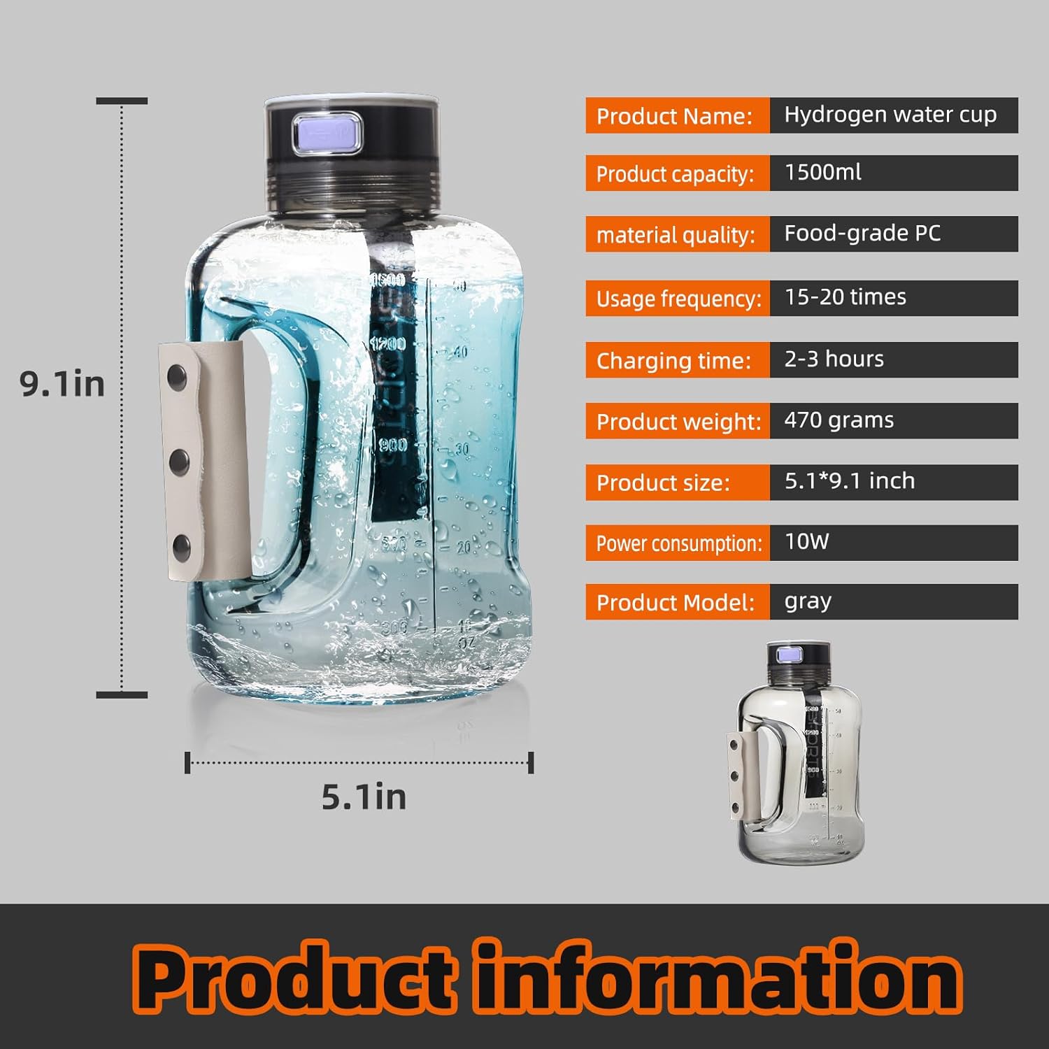 Hydrogen Water Bottle, 50oz/1.5L Large-Capacity Hydrogen Water Generator with SPE/PEM Technology, Rechargeable Hydrogen Water Ionizer, 6 Min Electrolysis for Sports Fitness Exercise Gift - Image 9