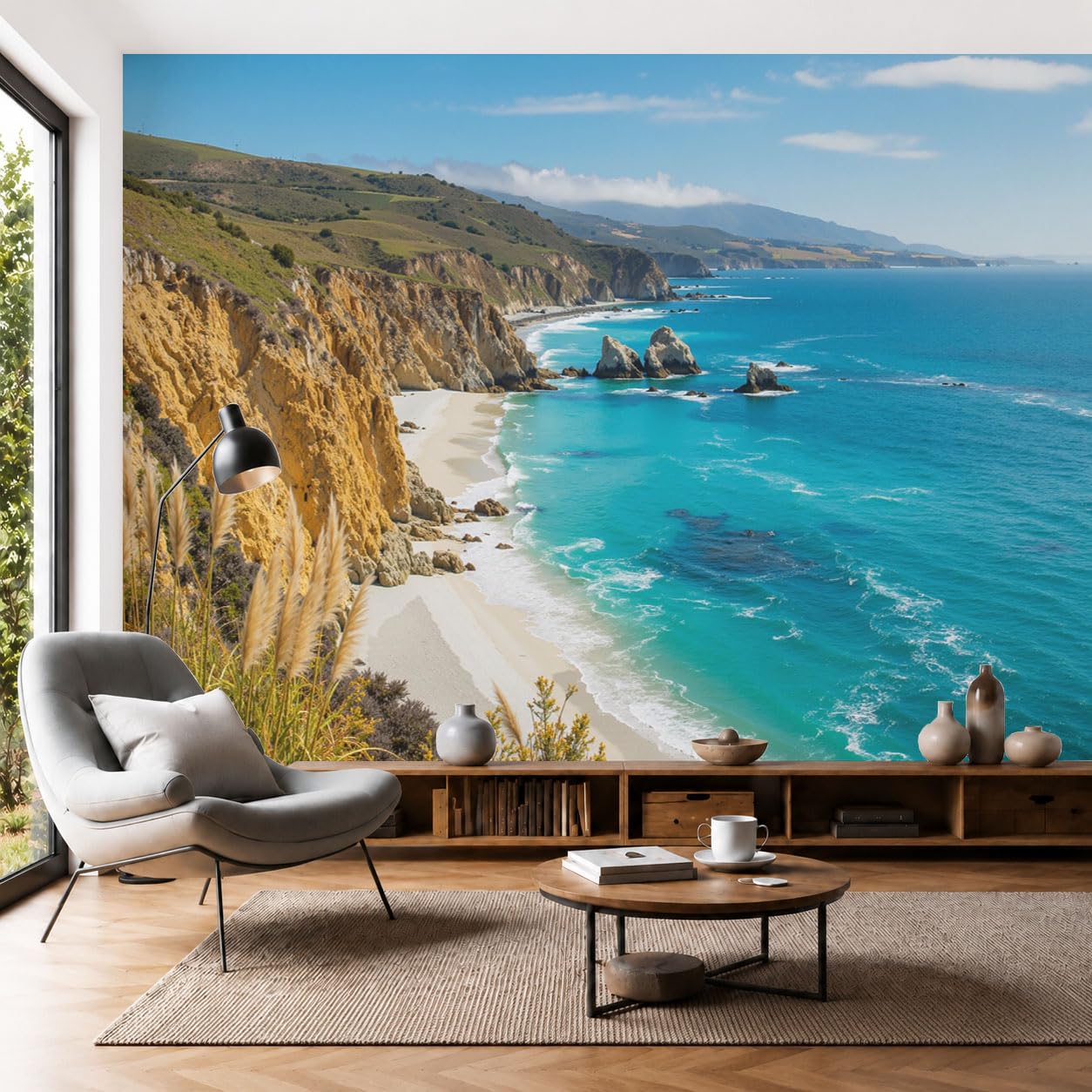 Papier peint panoramique plage pour agrandir un salon et s'évader