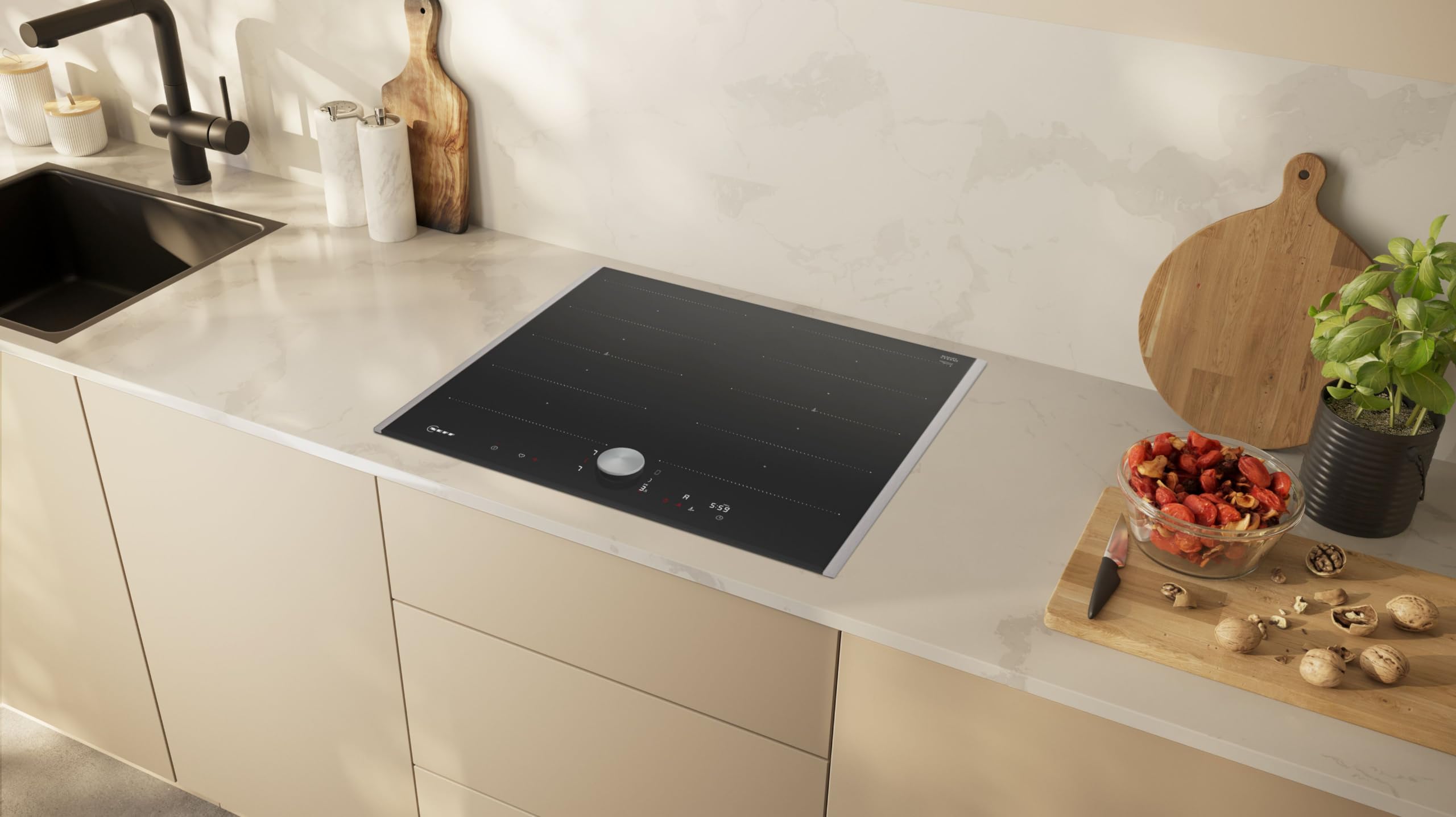 NEFF T66TTX4L0 płyta indukcyjna N90, samowystarczalna płyta grzewcza ze szkła ceramicznego o szerokości 60 cm, Twist Pad, Flex Induction, Home Connect, Smart Hood Automatic, przylegająca, czarna