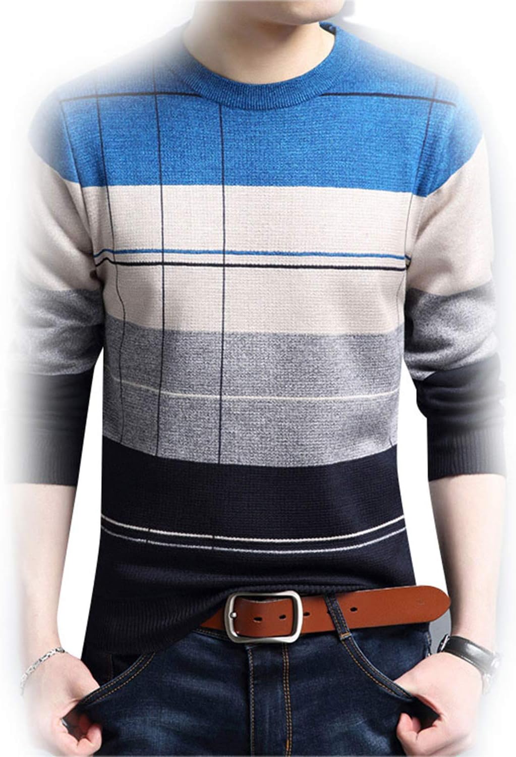 New Brand Social Cotton Thin Men's Pullover Sweaters Casual Crocheted Striped Knitted Sweater Men Ma,X-Large,Blue