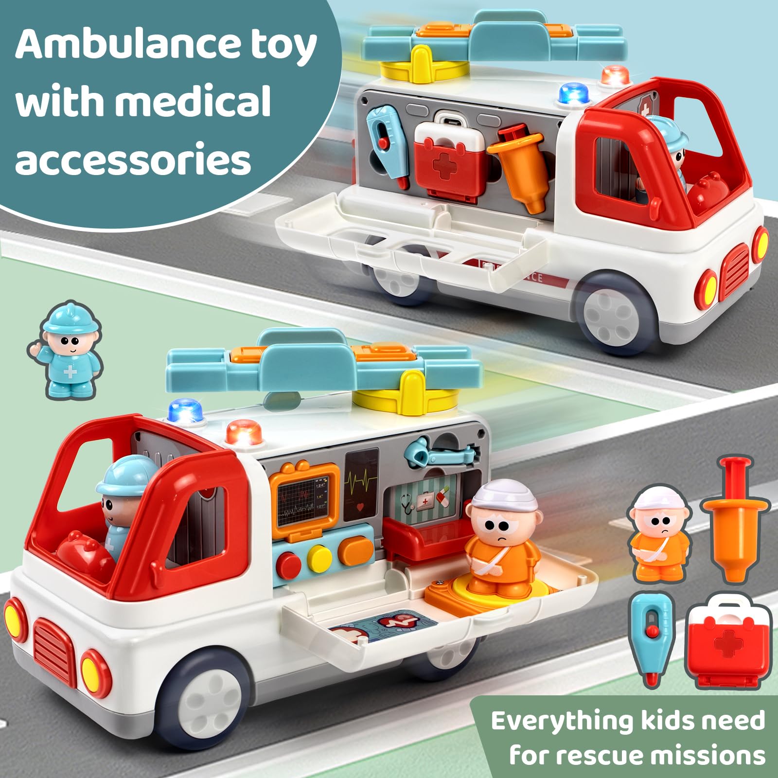 Juguete de ambulancia para niños a partir de 1, 2, 3 y 4 años con sonido ligero, ambulancia Montessori con figuras de accesorios médicos, muchas funciones juguetes educativos vehículos, regalos para