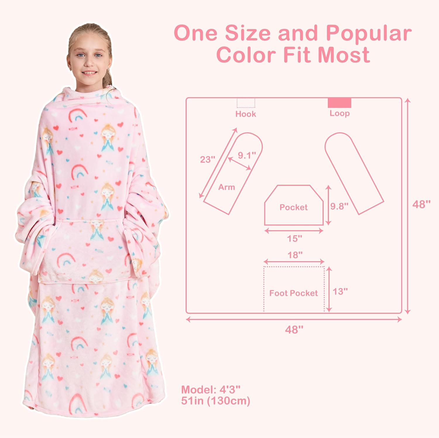 Softan Princess Kids Snuggies Wearable Fleece Blanket with Sleeves & Foot Pocket for Kids Boys Girls Children,Lightweight Soft Blanket with Sleeves and Hook & Loop 48" x 48" - Image 3