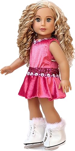 Miniatura 5 de Ice Skating Girl - Conjunto de 4 piezas de patinaje sobre hielo para muñeca de 18 pulgadas, leotardo rosa con falda, suéter de calentamiento blanco