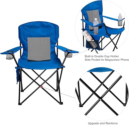 Miniatura 7 de Juego de 2 sillas de campamento al aire libre, plegable, portátil, plegable, soporta 300 libras con respaldo de malla de enfriamiento, 2 portavasos,