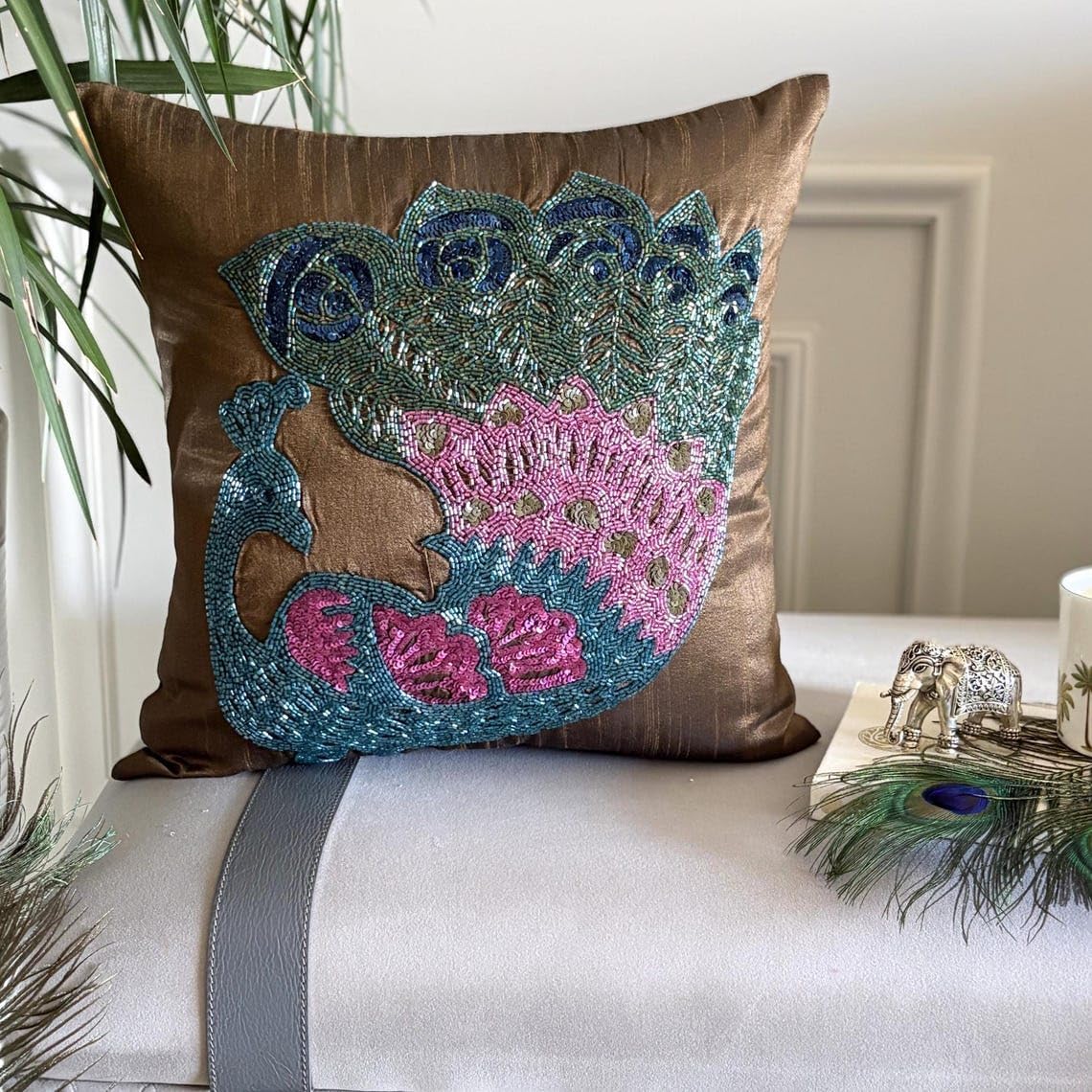 The HomeCentric Pillow Covers, Decorative Brown Designer Throw Pillow Covers 16x16 inch (40x40 cm) Silk Throw Pillows for Couch, Birds, Peacock, Beaded, Traditional Accent Pillow - Blue Peacock