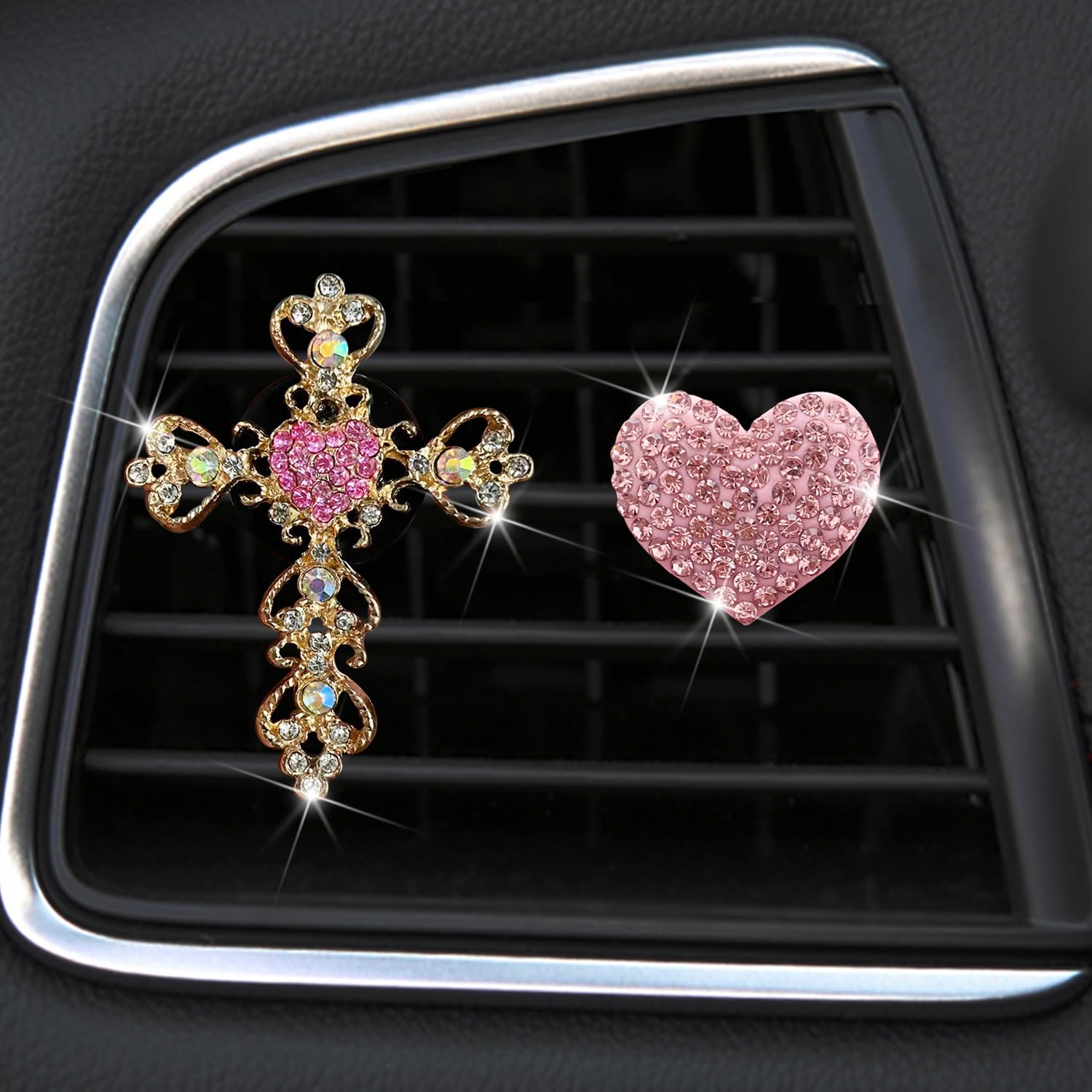 2 Pack Car Vent Clips,Crystal Cross and Heart Air Vent Clips,Bling Car Accessories for Women & Girls(Pink)