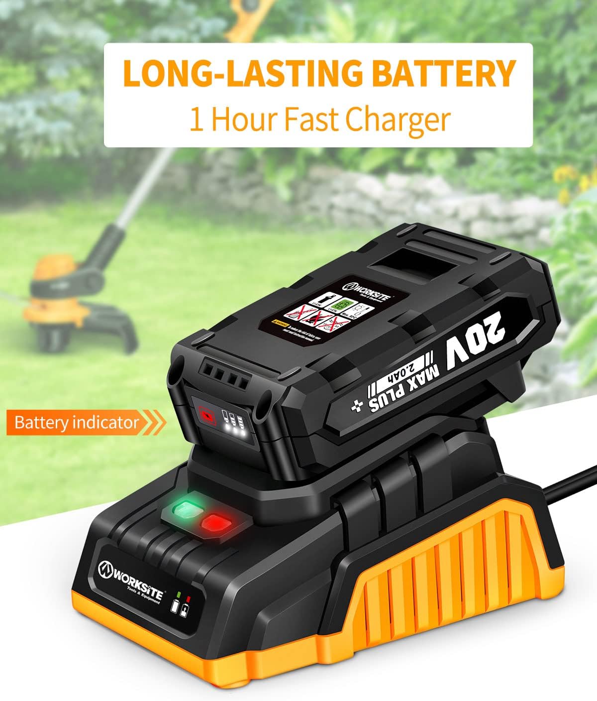 WORKSITE 20V Li-ion battery charging on a fast charger with battery indicator lights