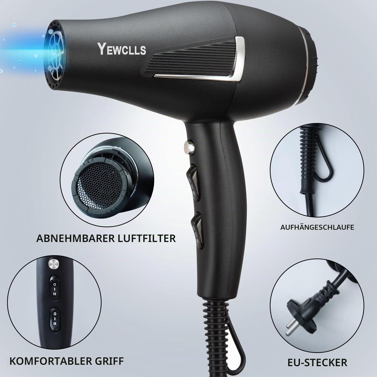 Föhn Ionen Fön Schnelles Trocknen Salon 2100W professioneller Haartrockner 2 Geschwindigkeit 3 Wärmeeinstellungen 2 Konzentrator 4 Kämmen 1 Diffusor Familie Salon Lockenföhn mit Kalttaste (Schwarz)