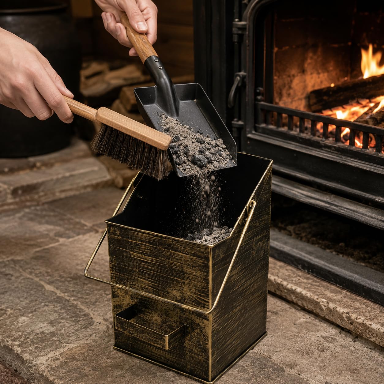 Secchio per Cenere, Portacarbone da Caminetto con Set Pale e Spazzola