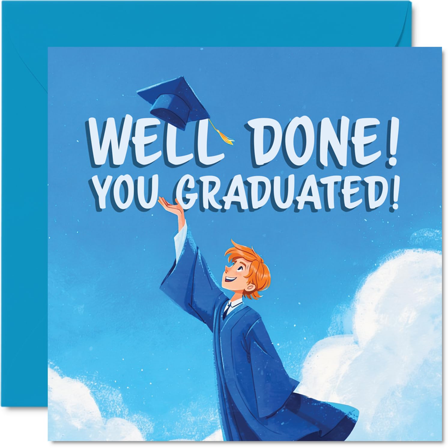 Proud Graduation Card - Time to Toss That Cap - Cheery Graduate Launching Their Mortarboard Sky-high on a Brilliant Blue Background - 145mm Square, Envelope Included