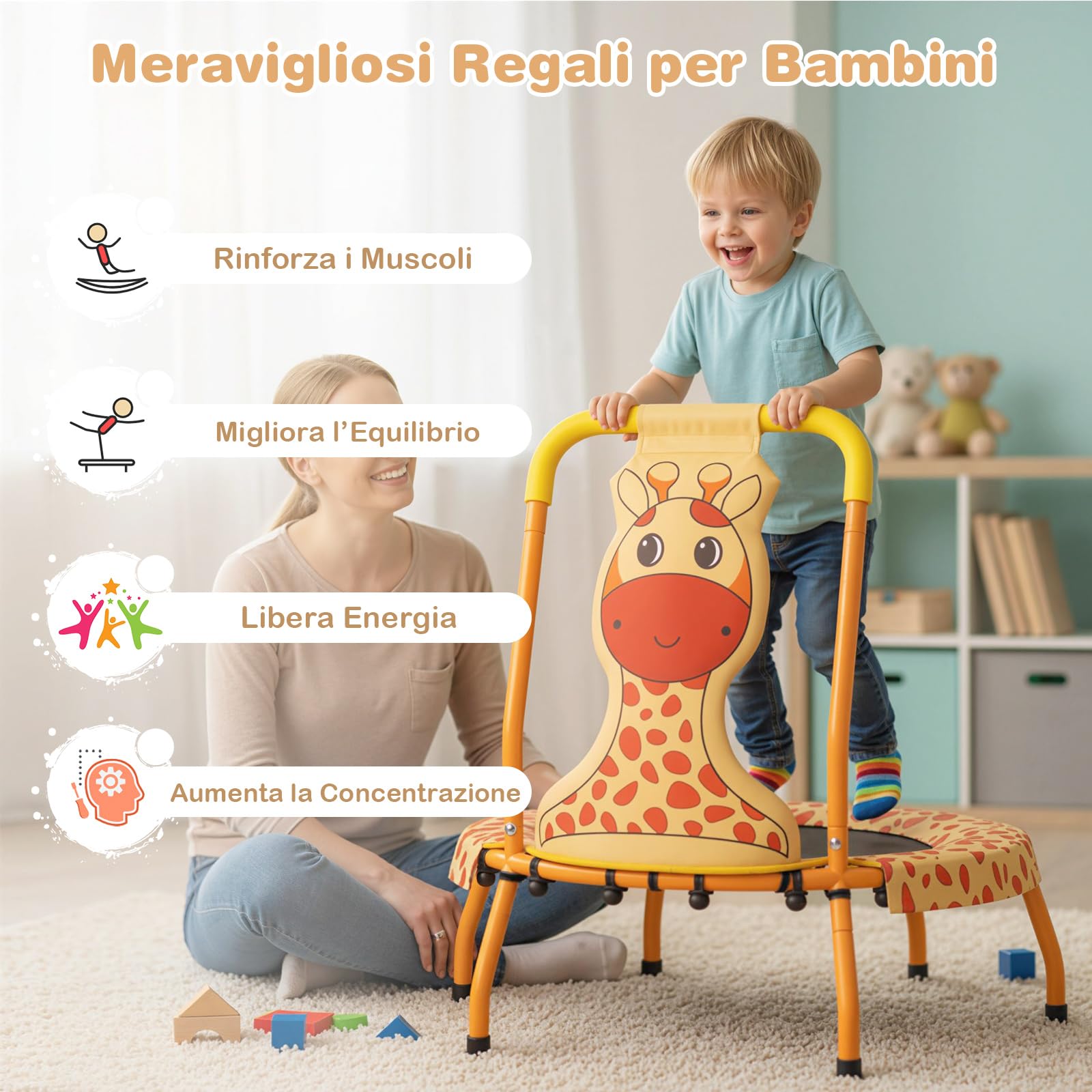 COSTWAY Mini Trampolino per Bambini, Tappetino Elastico da Esterno ed Interno con Maniglia Rivestita, Copertura Imbottita e Cuscinetti Antiscivolo, Salta Salta per Bambini 3-6 Anni