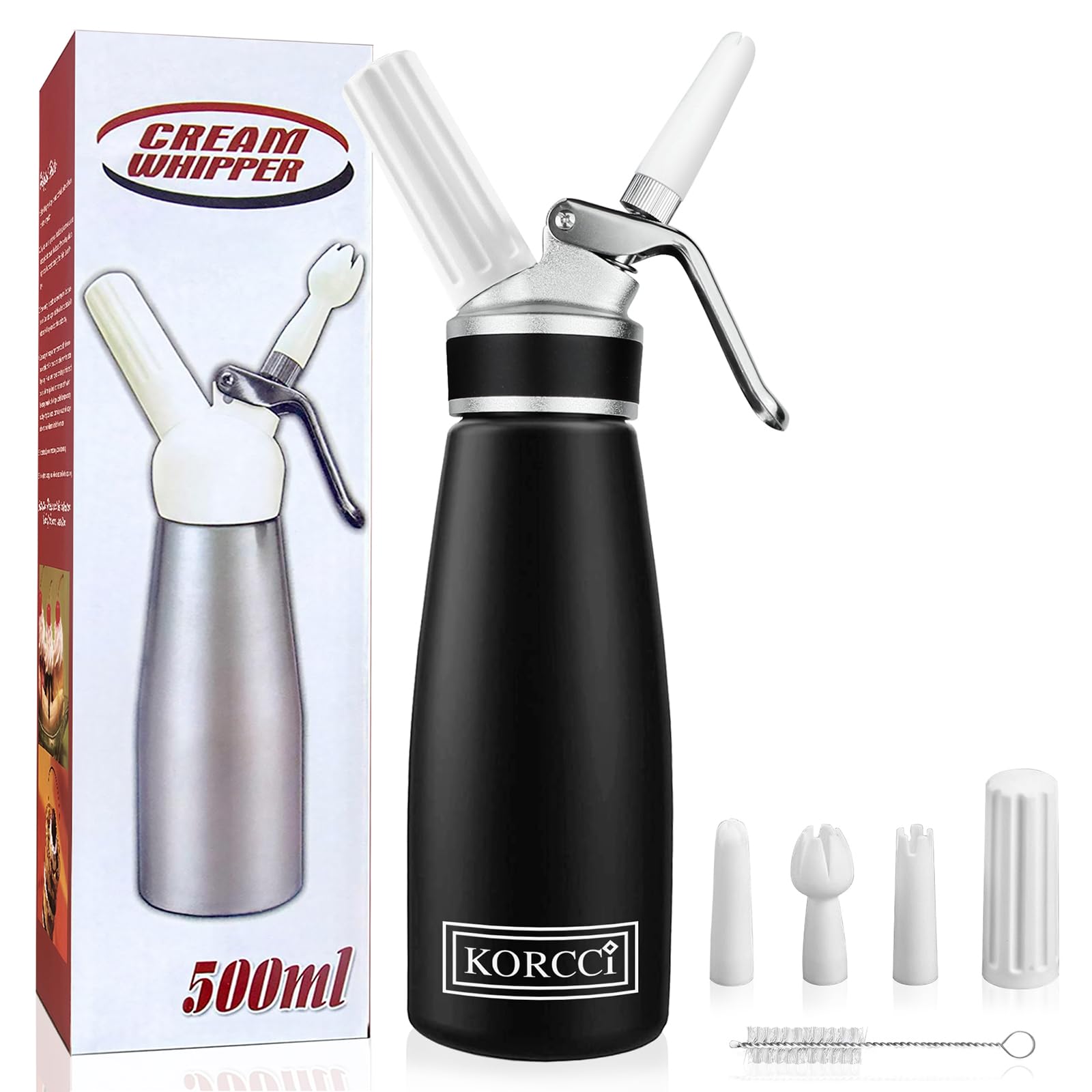KORCCI Professional Aluminum Whipped Cream Dispenser - Durable Cream Whipper, 1 Pint / 500 mL Homemade Cream Maker, With 3 Cooking Decoration Nozzles and Cleaning Brush - N2O Chargers (Not Included)