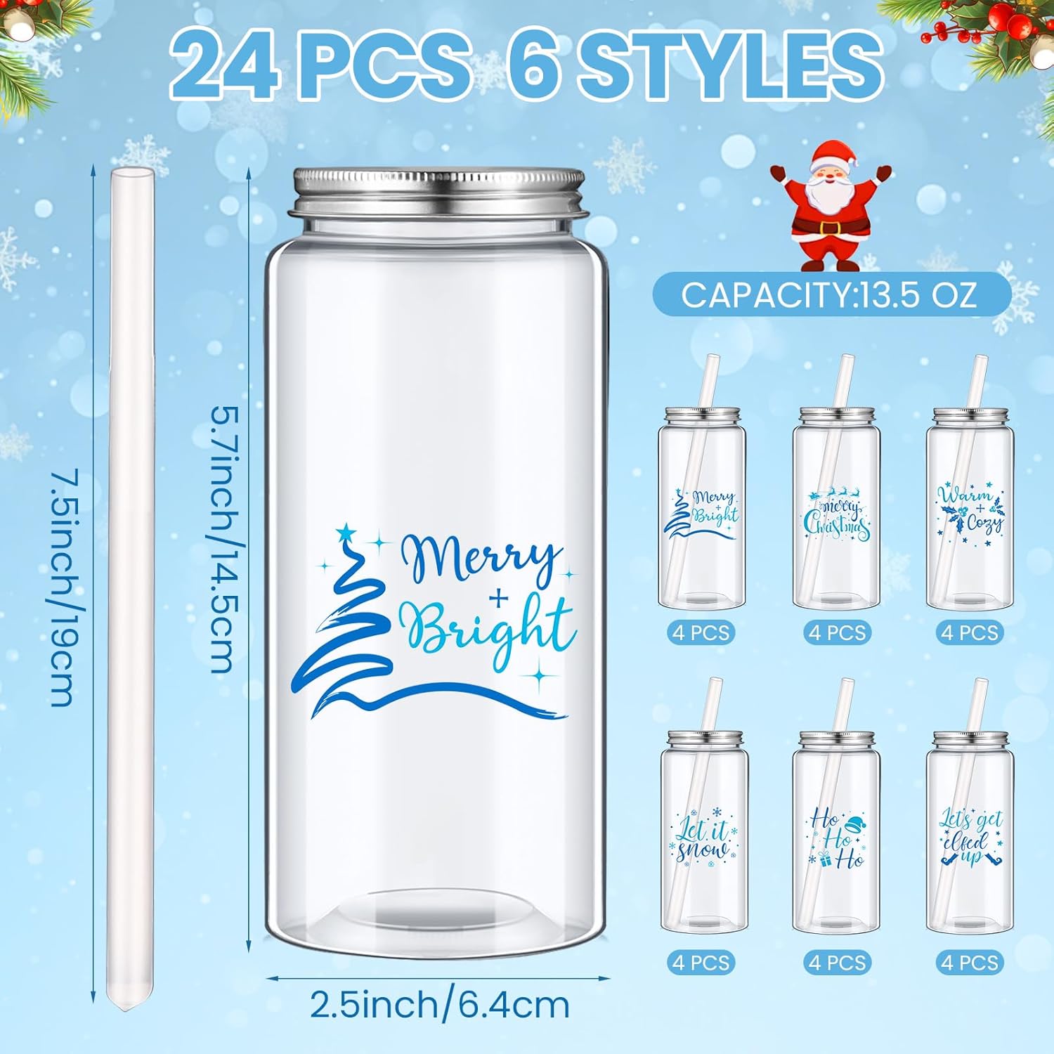 Pickmesh 24 Pcs Christmas Plastic Cups Bulk 13.5 oz Reusable Cups with Lid and Straw Blue Drink Cold Coffee Water Beverage Tumbler Gifts for Adults Xmas Party Favor Holiday Supplies - Image 2