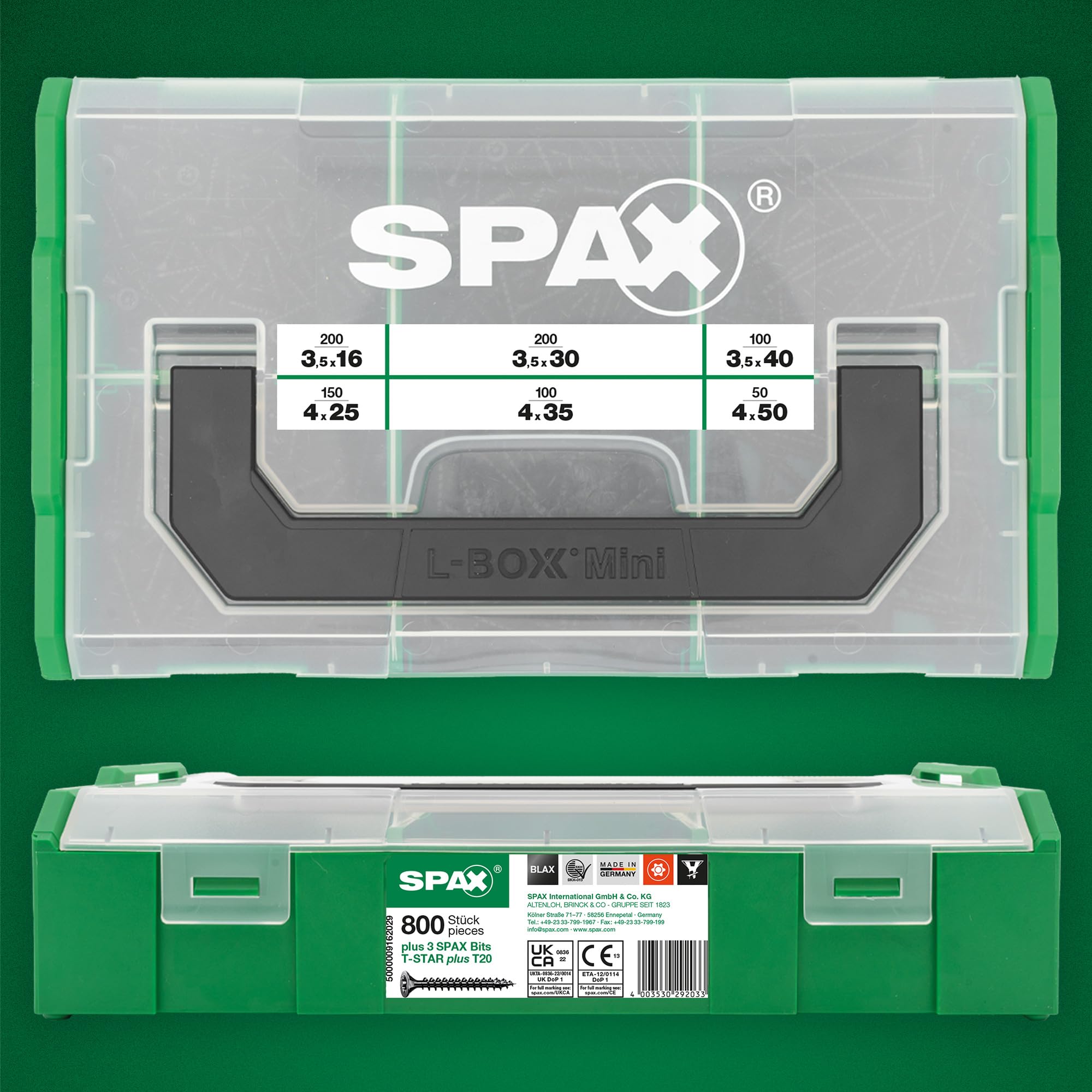 Coffret de montage SPAX L-BOXX Mini BLAX, kit de vis avec 800 vis noires universelles en 6 dimensions, 3 embouts T-STAR plus T20 inclus – 5000009162029