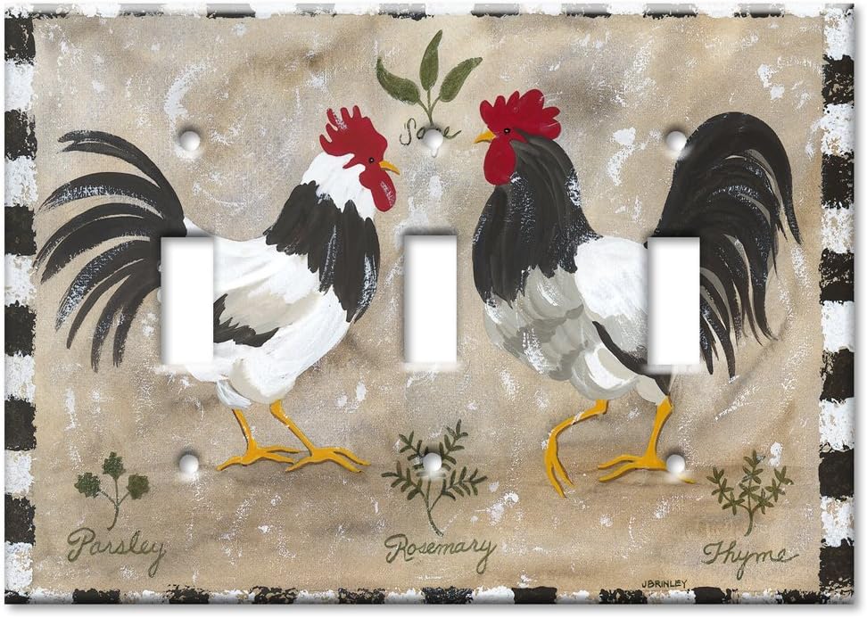 Art Plates - Triple Gang Toggle Decorative Metal Wall Plate - Jennifers Rooster - (Made in USA)