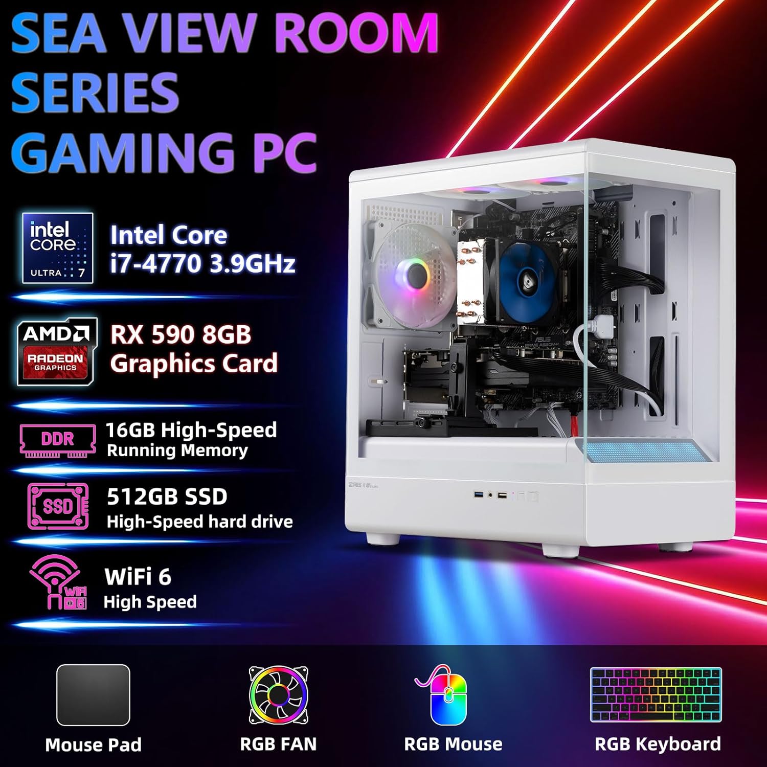 Prebuilt Gaming PC Desktop Computer,Intel Core i7 up to 3.9GHz,RX590 GDDR5 Graphics Card with 8GB Video Memory,16GB RAM, 512GB SSD,Windows11 Home,WiFi 5.0,RGB Fan x4