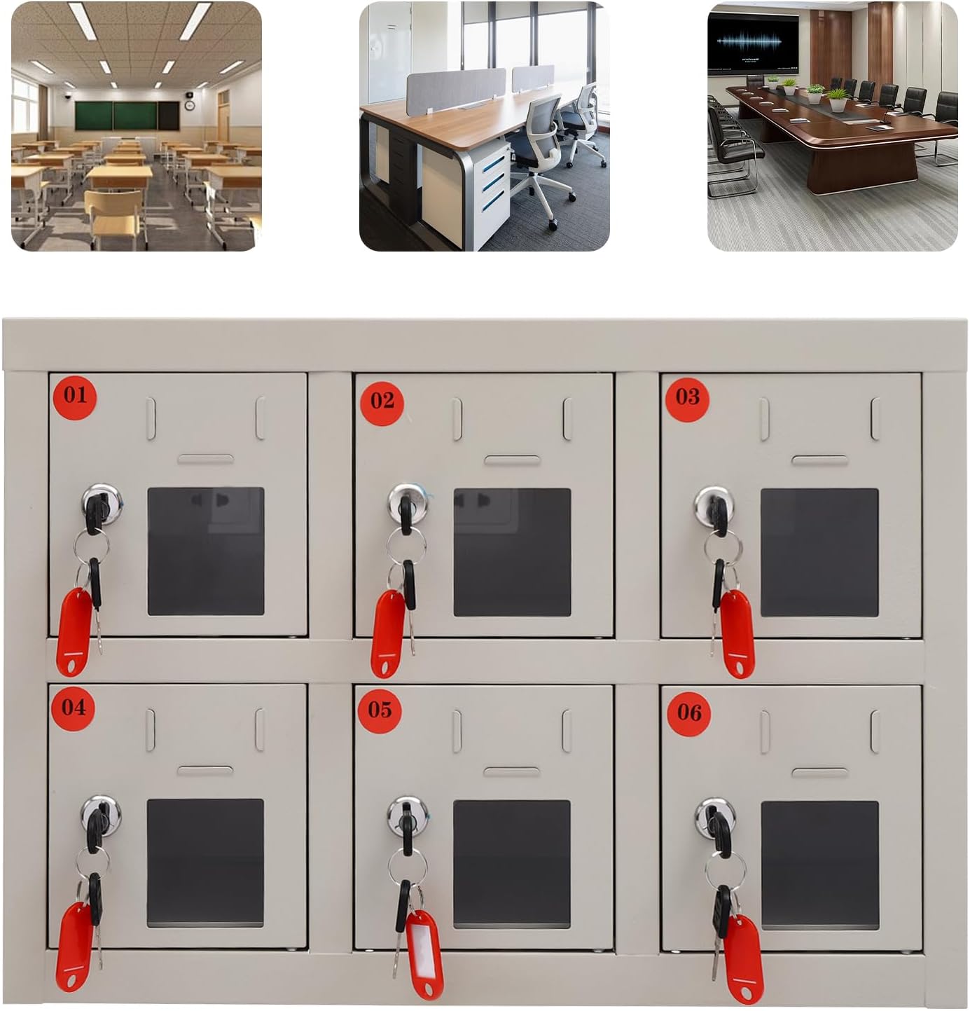 6-Door Cell Phone Locker with Charging Station - 14-Key Rechargeable Mobile Phone Cabinet for Classrooms, Schools, and Employee Lockers - Secure Storage Solution
