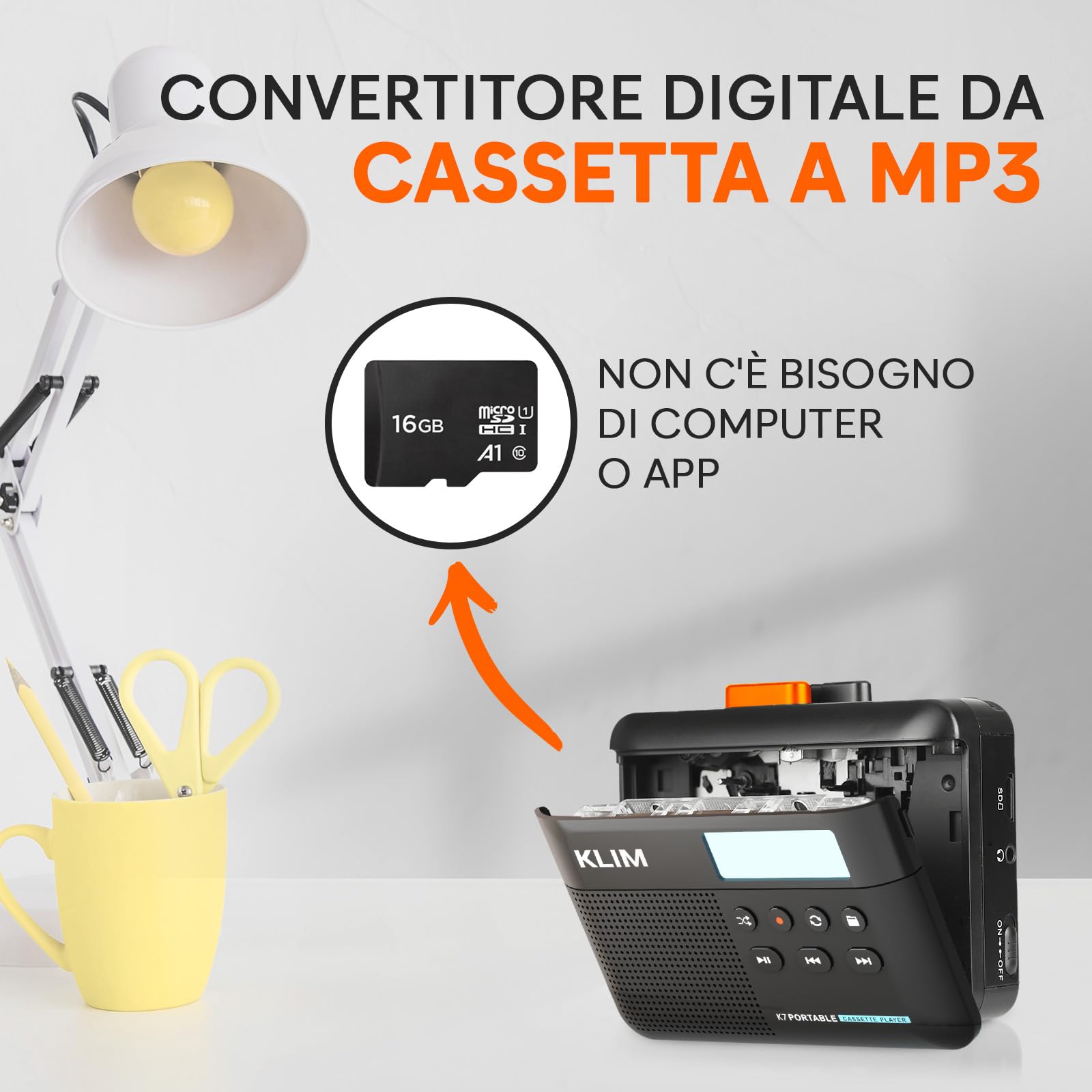 K7 Cassette Player MP3 Converter Portatile con Microfono e Altoparlante Incorporati Batteria Ricaricabile Auricolari Scheda SD 16 GB Nero Arancione