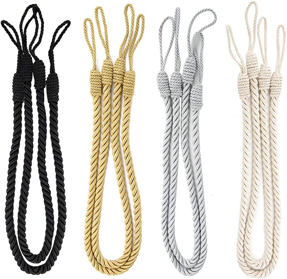 Comficent 4Pairs Rope Tiebacks Jute Hessian Curtain Rope Clips Holder Holdbacks Tieback