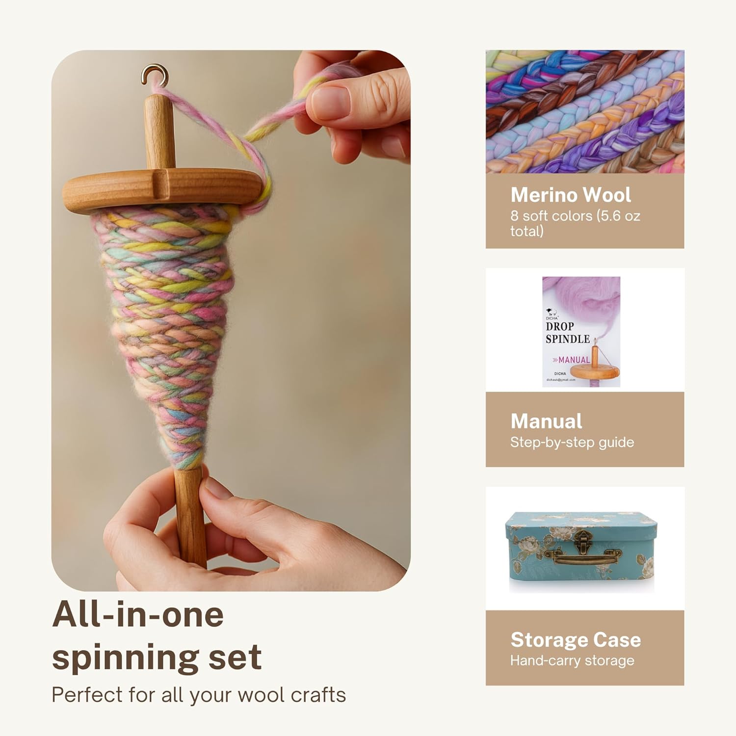 DICHA 3 Inch Drop Spindle Kit- High Low Whorl Wooden Spindles with 5.6 Oz Merino Wool/Top and Instructions-Weaving Spinning Wheels for Beginners-All in A Gift Box-Perfect Spinner Gifts（MC）