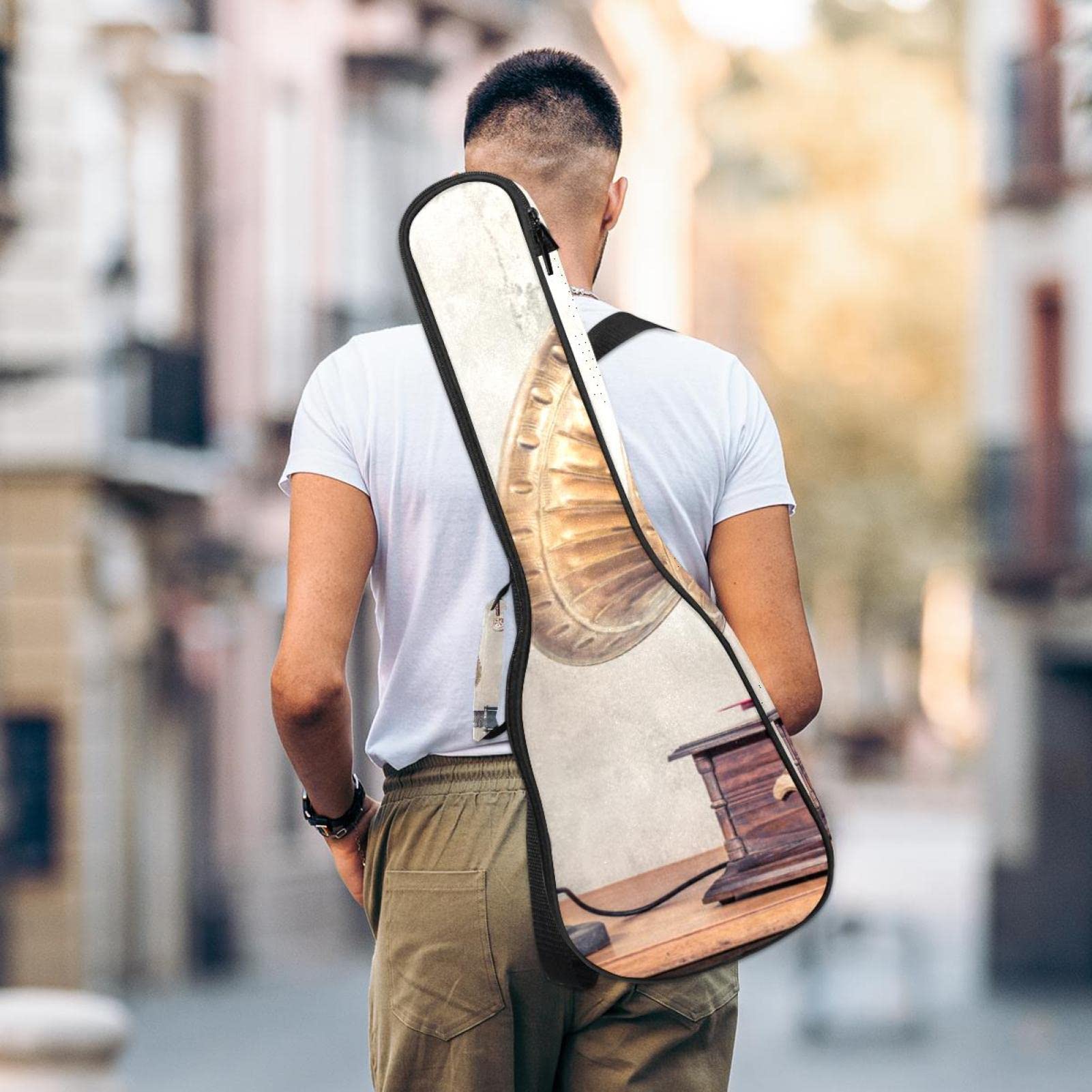 Housse pour ukulélé soprano avec motif vieux phonographe - Housse pour ukulélé ténor - Housse pour ukulélé avec sangles réglables - Sac rembourré étanche