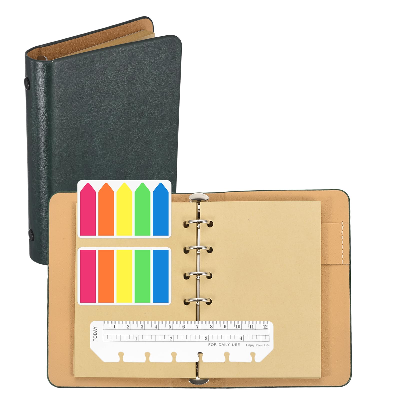 PATIKIL A6 Kraft Pages 6 Ring Binder, Leather Notebook with Transparent Bookmark Ruler and Colorful Index Sticky Tabs for Office Study Work, Forest Green — image 1