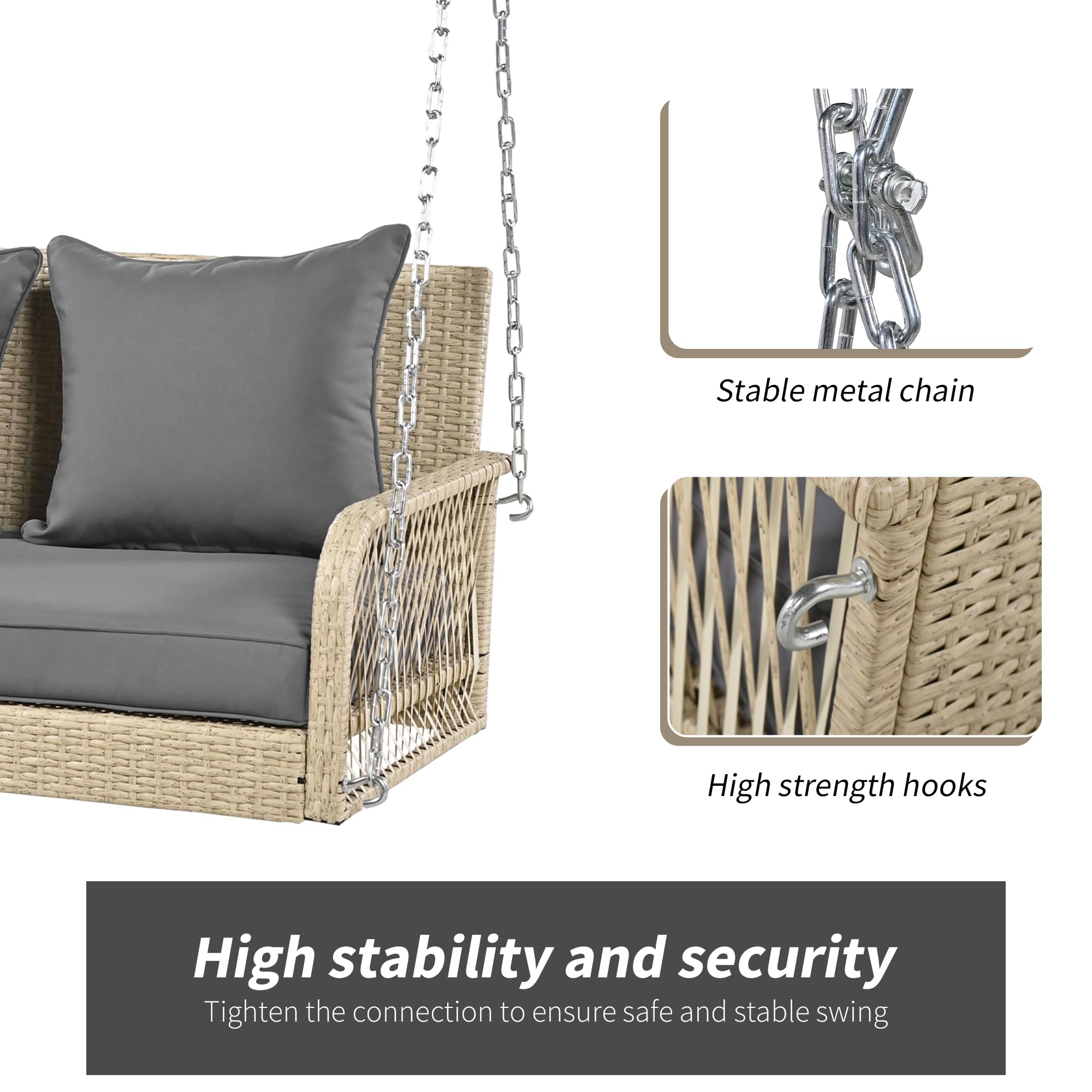 Columpio de jardín, columpio de jardín, juego de muebles de jardín para exteriores, ratán beige, cojín de asiento gris, 2 asientos, con cojín de asiento y cojín de respaldo, extraíble y