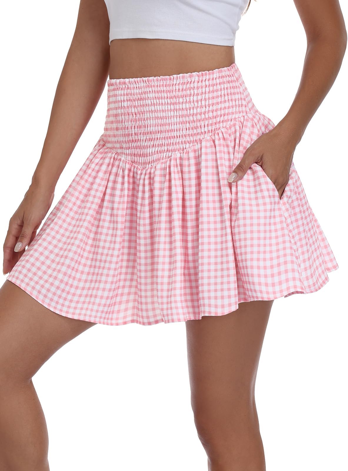 Women’s High Waisted Smocked Mini Skirt Casual A-Line Skort Built-in Shorts for Summer Vacation Picnic Outdoor