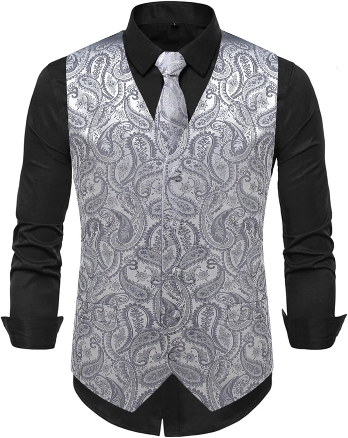 Men's 3-Piece Paisley Pattern Tie Pocket Square Set Wedding Prom Party Suit Vest Elegant Jacquard Gilet Carnival Costume Glitter Jacket for Suit or Tuxedo