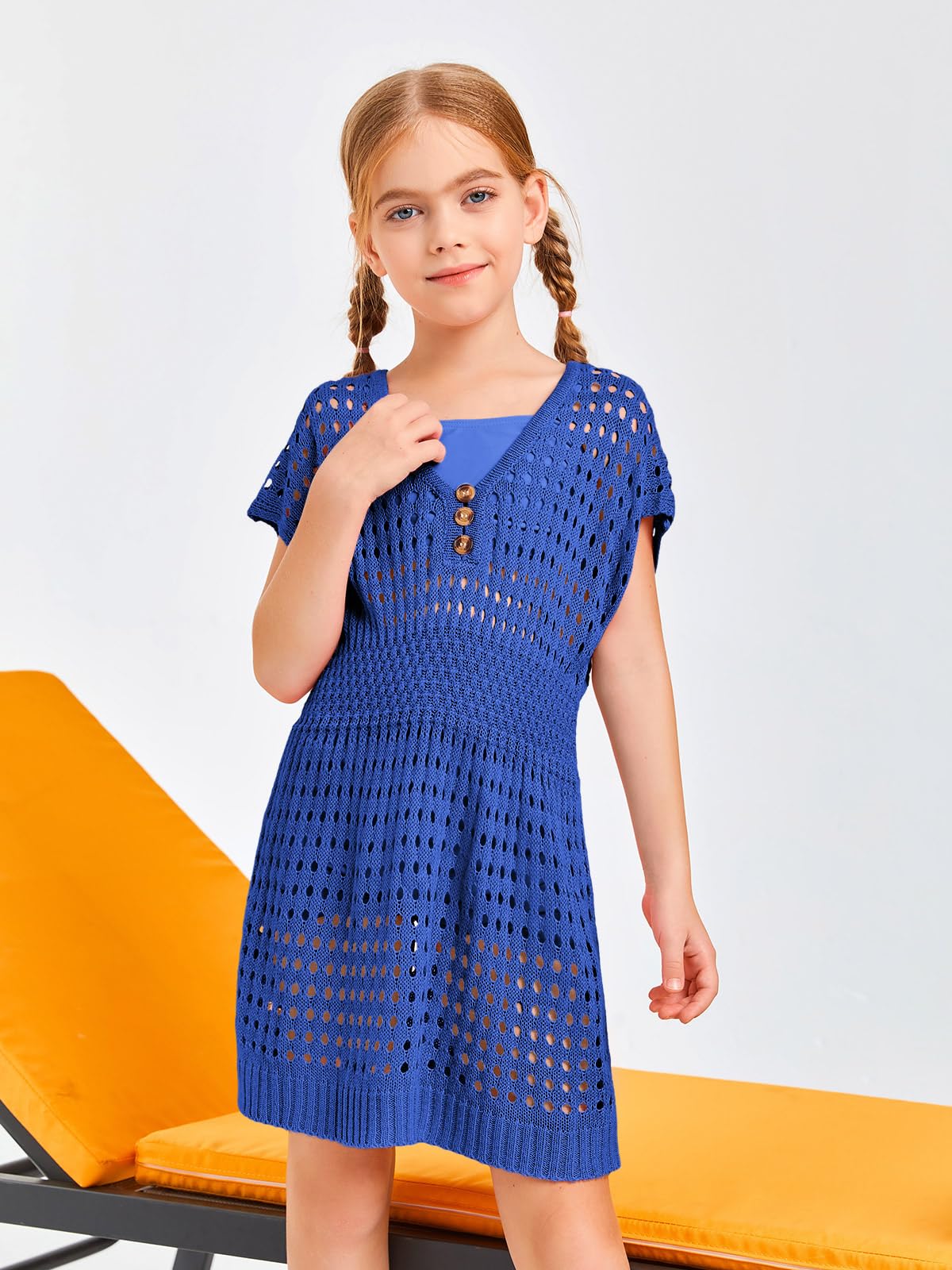 Haloumoning Costume da bagno da bambina all'uncinetto per bambini, a maniche corte, con bottoni, 5-14 anni