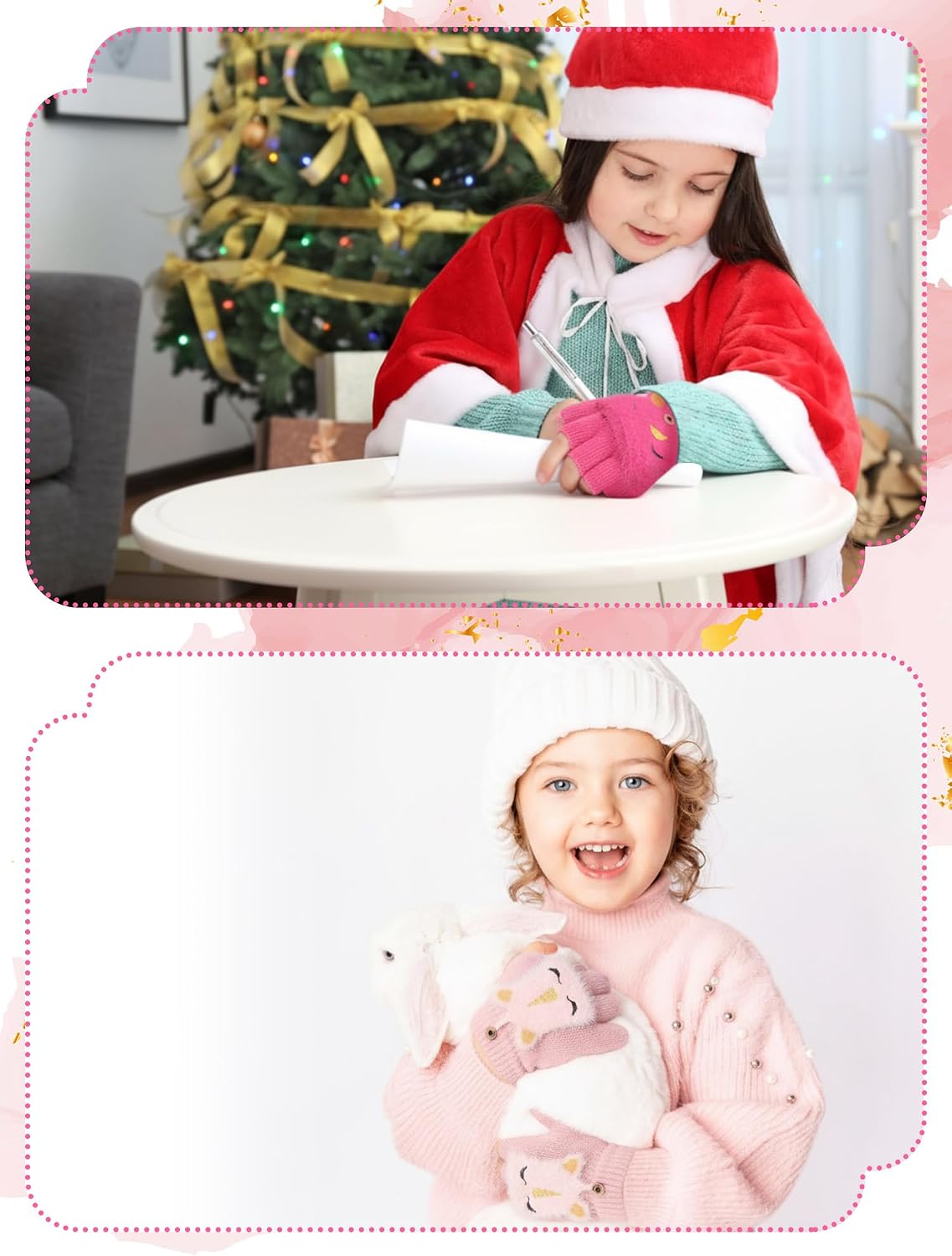 Fourluoo 3 Pairs Kids Unicorn Flip Gloves with Cover Winter Girls Fingerless Gloves Convertible Mittens