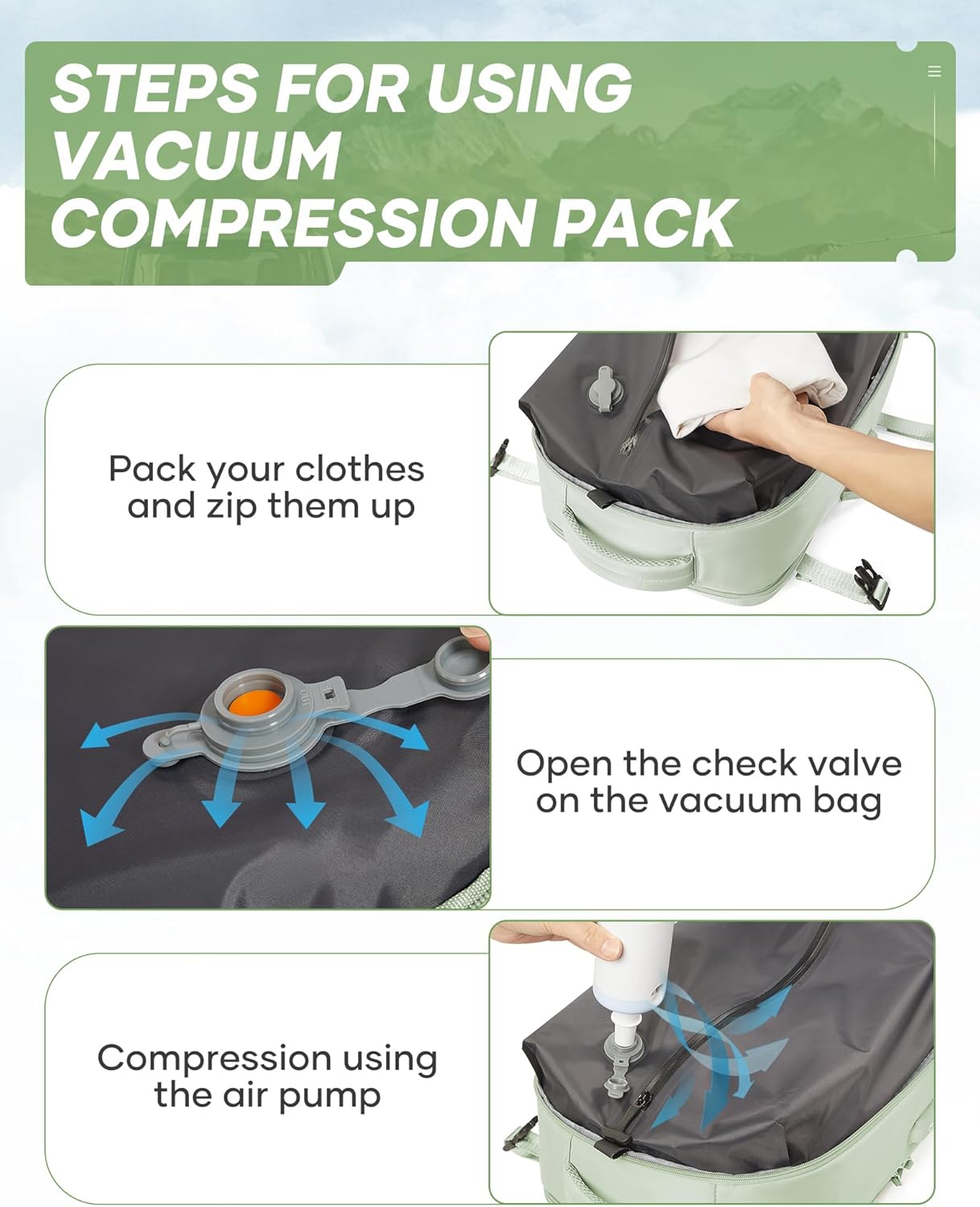 Vacuum Travel Backpack with Electric Vacpack Pump for Women, 40L Expandable Vacuum Compression Bags Personal Item Backpacks Flight Approved Traveling Carry on Suitcase Luggage, Light Green - Image 4