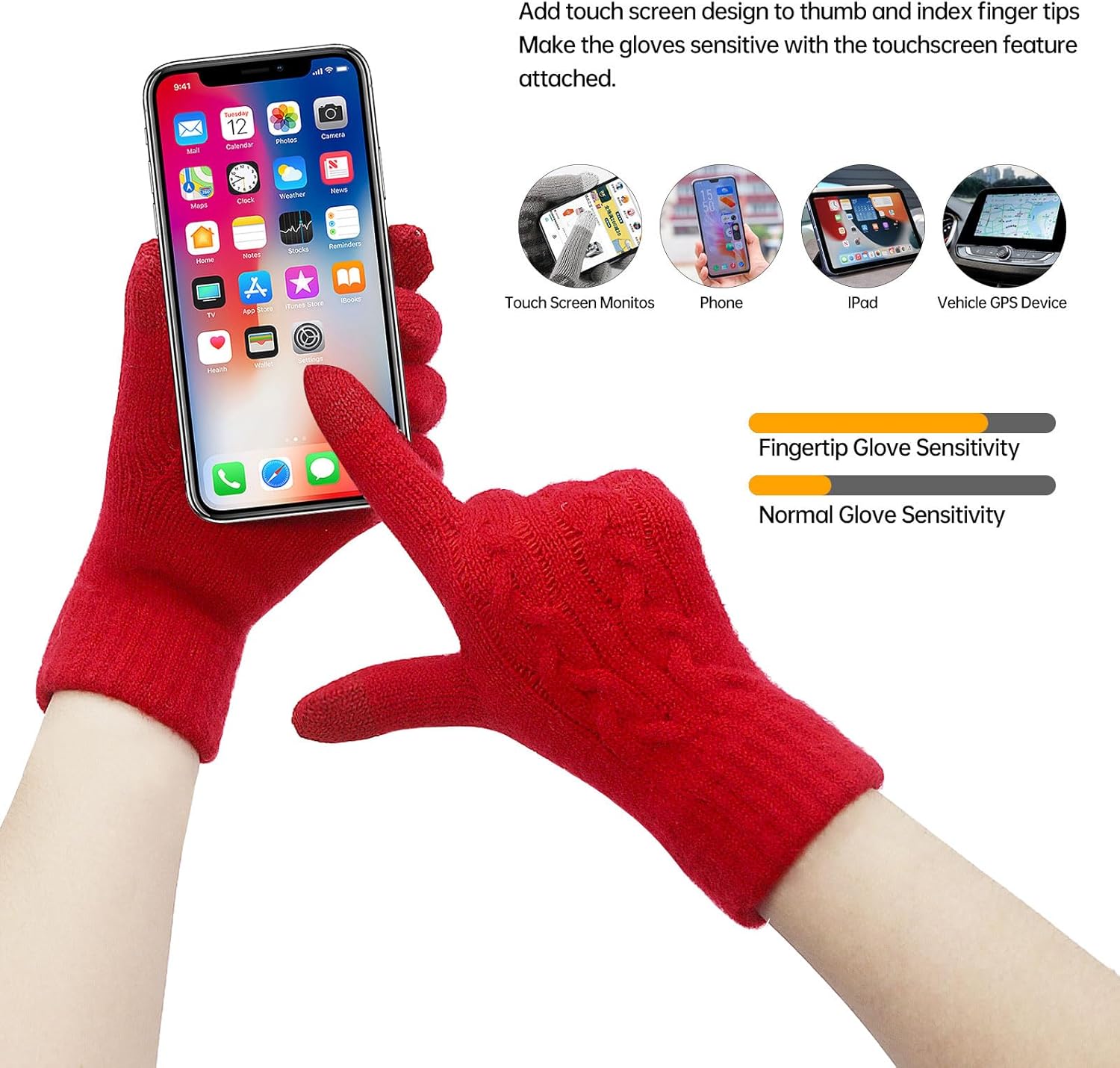 Long Keeper Red Wool Women's Winter Knitted Elastic Cuff Touchscreen Gloves - Image 4