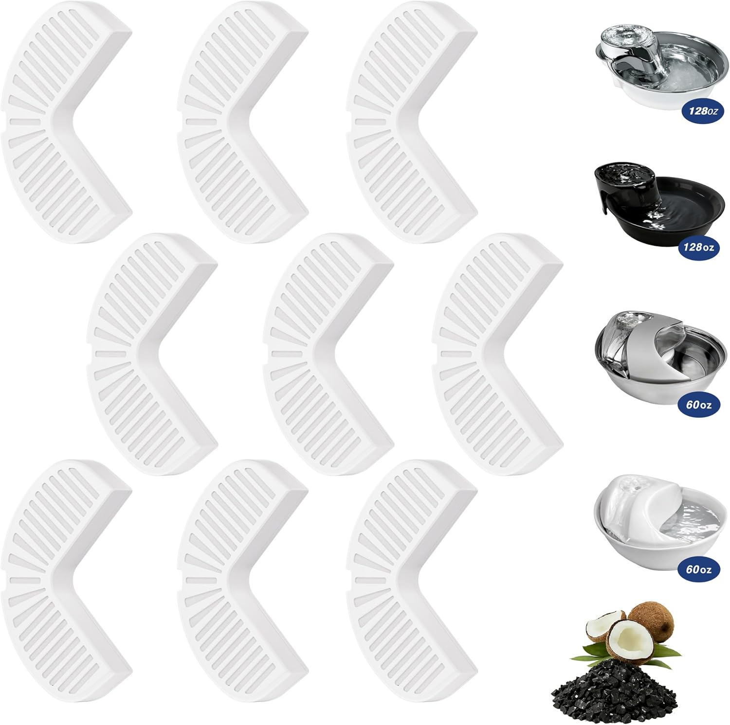 9-Pack L-Shaped Cat and Dog Water Fountain Replacement Filters for Pioneer Big Max and Raindrop Fountains, Stainless Steel and Ceramic Versions, Activated Carbon Filtration, Easy-to-Change, BPA-Free