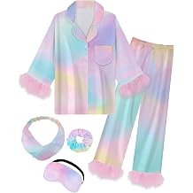 EPLAZA Girls Silk Pajamas Set With Feather 2Pcs Long Sleeve Button Down Pjs