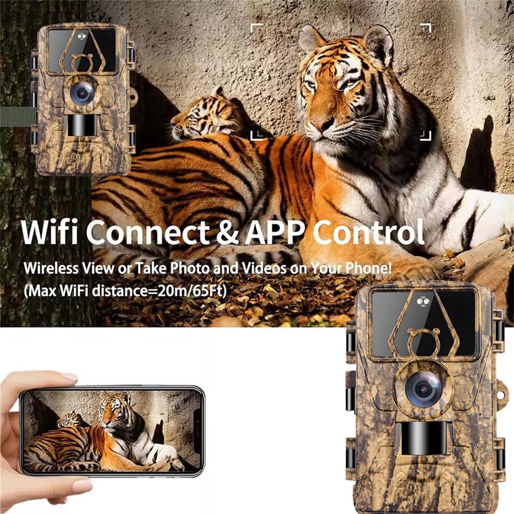 8K Video Wildlife Kamera, 60MP Full HD WiFi mit Handyübertragungs-App, Bewegungssensor, Nachtsicht, 0,1s Auslösezeit, Infrarot Wildlife Kamera mit 32G Speicherkarte & Karte