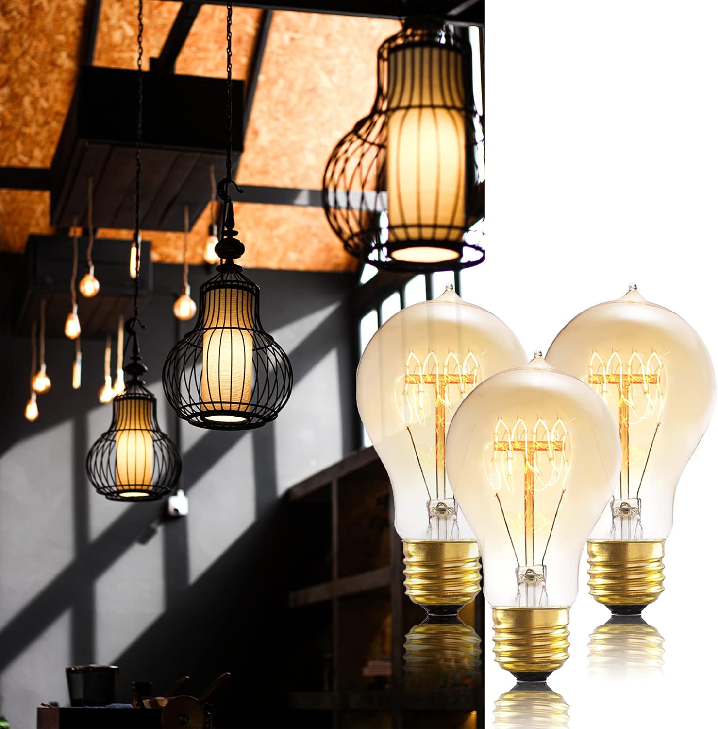 A19 Incandescent Light Bulbs 60 Watt,120v Edison Bulbs Dimmable 2200k Warm Yellow E26 Base, Antique Retro Style Incandescent Bulb, Amber Glass Squirrel Cage Filament Decorative Lamp, 6Pack