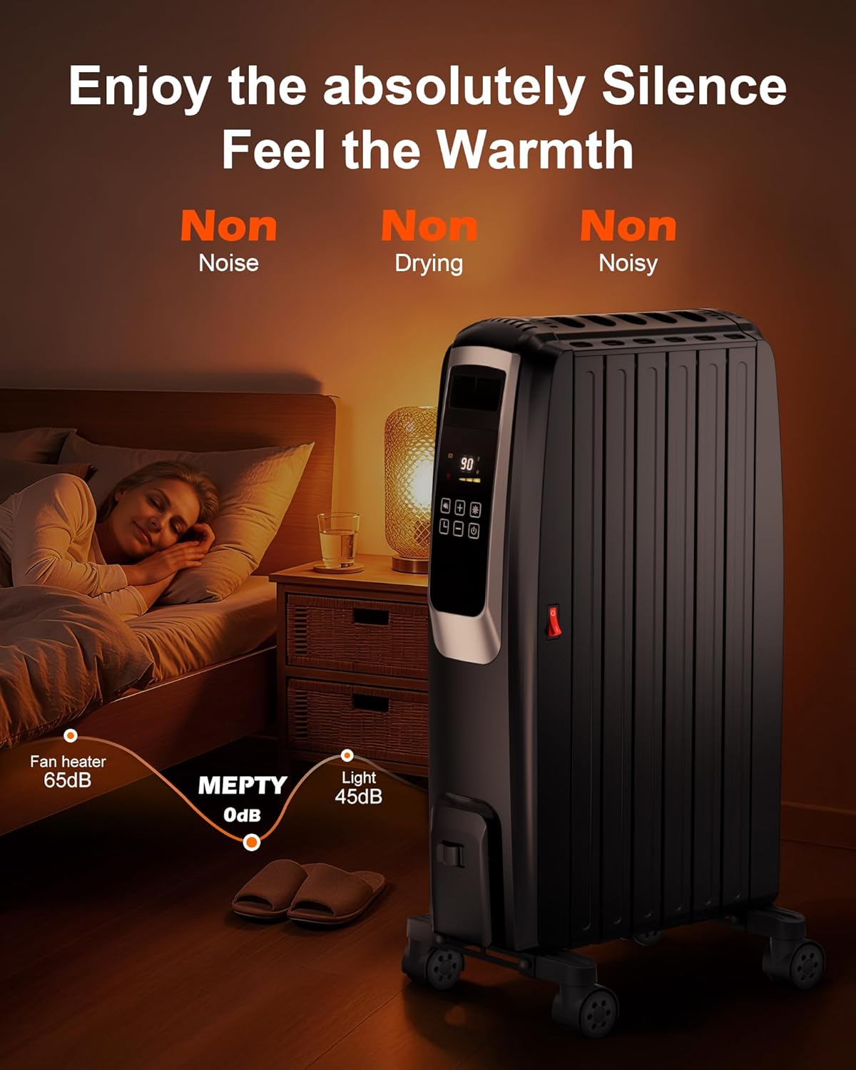 MEPTY Oil Filled Radiator Heater in a bedroom with a sleeping person, illustrating 0dB quiet operation.