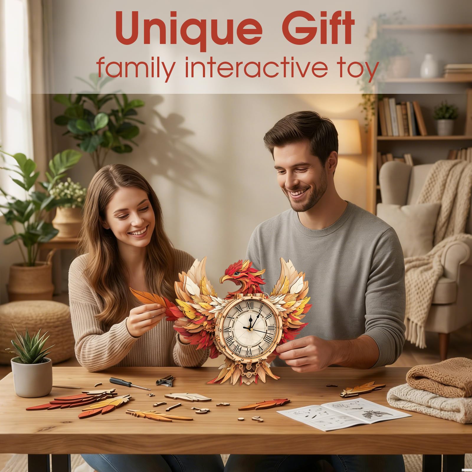 Puzzle in legno 3D per adulti, kit di orologio da parete meccanico fenice, kit di modelli in legno da costruire, regalo puzzle fai da te, decorazione per la casa, regali creativi per uomini