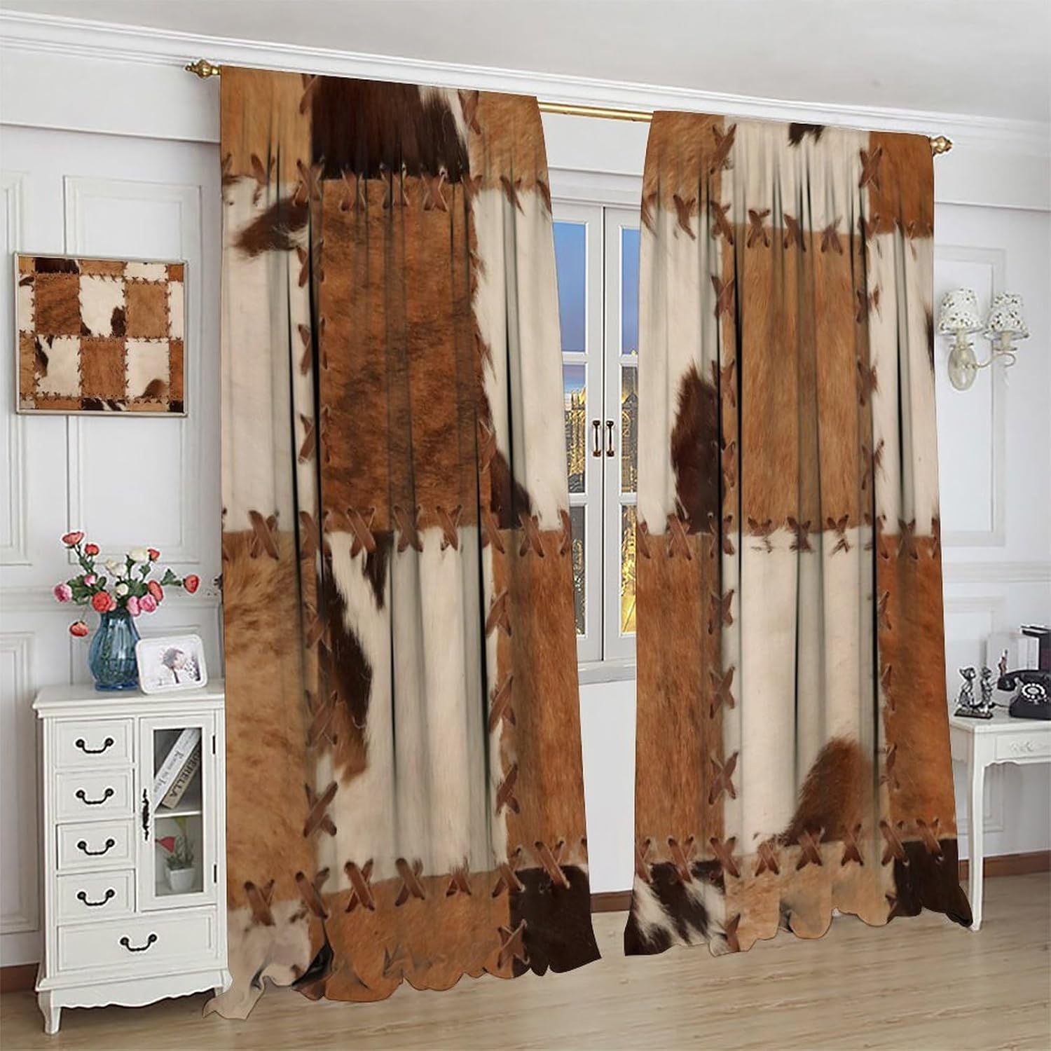 Vintage Rustic Wildlife Fur Curtains, Western Farmhouse Cowhide Brown Spotted Animal Skin Patchwork Drapes, Blackout Rod Pocket Window Treatments for Living Room Bedroom Bathroom Kitchen 42x45in