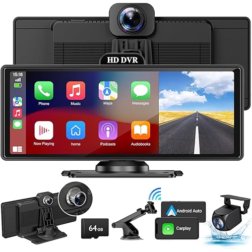 Wireless Apple Carplay Screen for Car with 4K Dash Cam, 10.26" Portable Apple Carplay & Android Auto, HD Touchscren with 1080p Backup Camera, Voice Control/Mirror Link/GPS Navigation/BT/FM