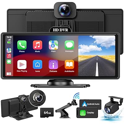 Wireless Apple Carplay Screen for Car 4K Dash Cam, 9" Portable Apple Carplay & Android Auto Car Stereo, with 1080p Backup Camera, GPS Navigation/Mirror Link/Voice Control/Bluetooth
