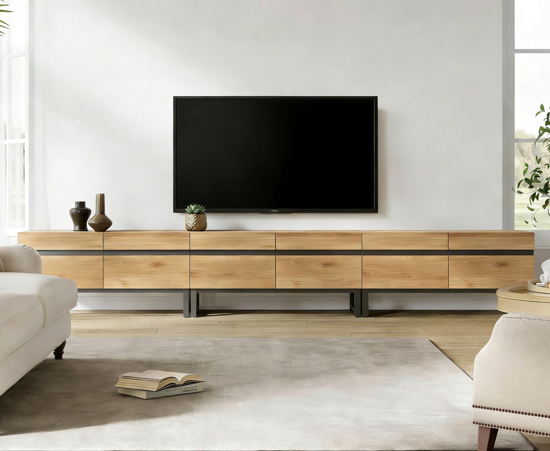 WAMPAT 3-in-1 Modern TV Stand for Up to 110 Inch TVs, Large Wood Entertainment Center Media Console with Storage Cabinets and Metal Base for Living