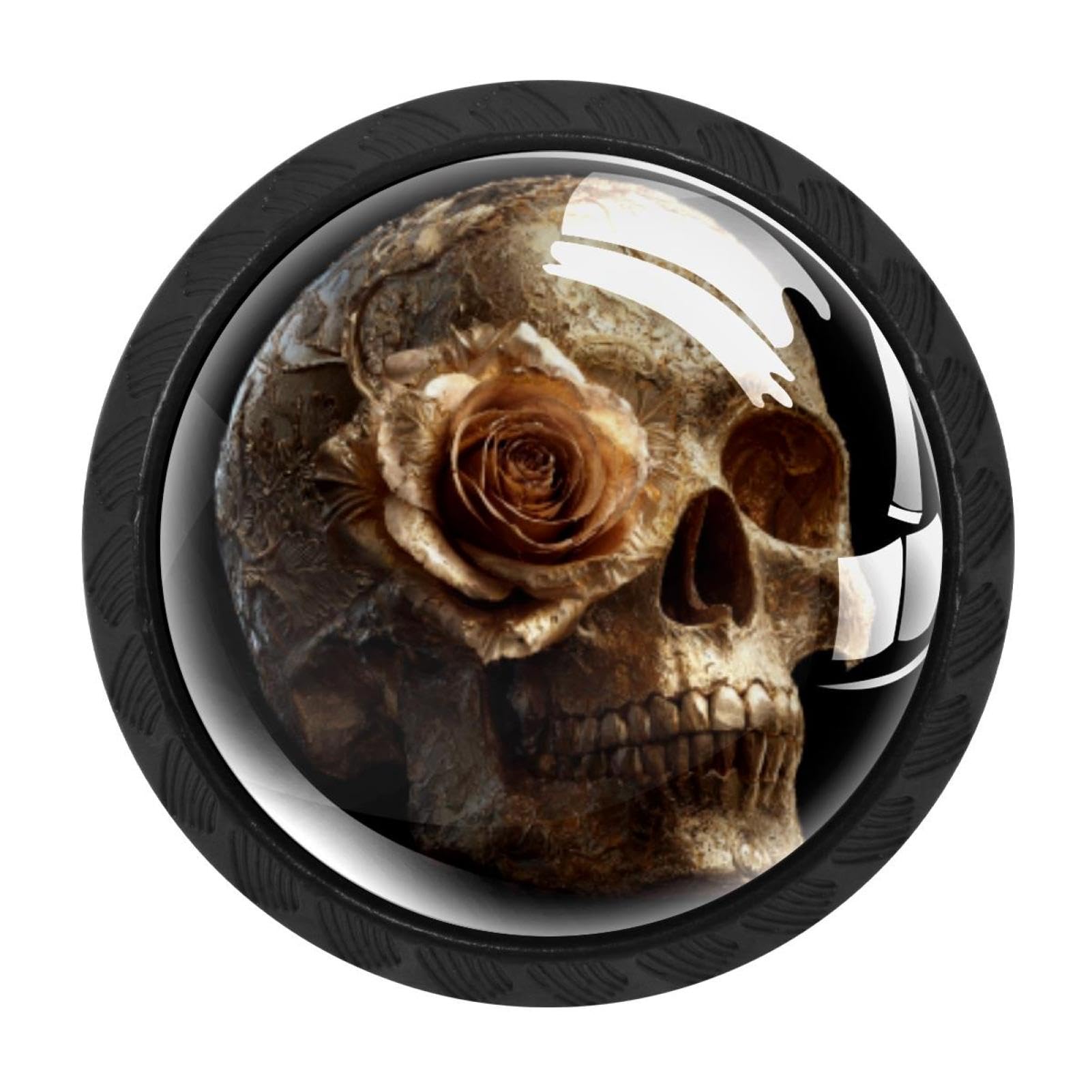 CHENZZZZ 4 Pack Black Skull Golden Rose (5) Cabinet Pulls with Screws, Kitchen Cabinet Knobs Hardware