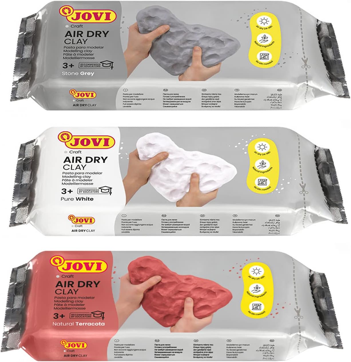 Jovi European Air-Dry Modeling Clay Pack of 3, White, Grey & Terracotta Clay, 1.1 Lb Each 3.3-Lbs Total