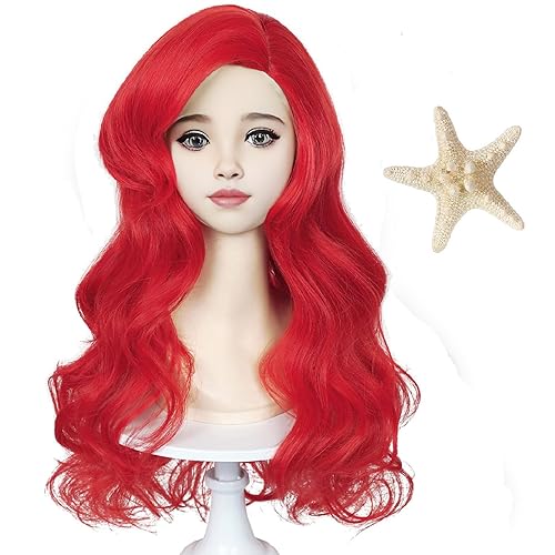 Wiggy Mermaid Peluca + horquilla de estrella de mar para niños, color rojo, largo, rizado, ondulado, cosplay, pelucas con flequillo, disfraz de