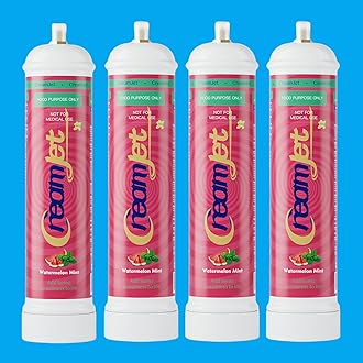 CreamJet 640g Nitrous Oxide Whipped Cream Chargers Food Grade 0.95L N2O Nitrous Tank Equivalent to 80 Cream Capsules Nos Gas Cylinder with Free Nozzle (Watermelon Mint Flavor, 4 Cylinders)