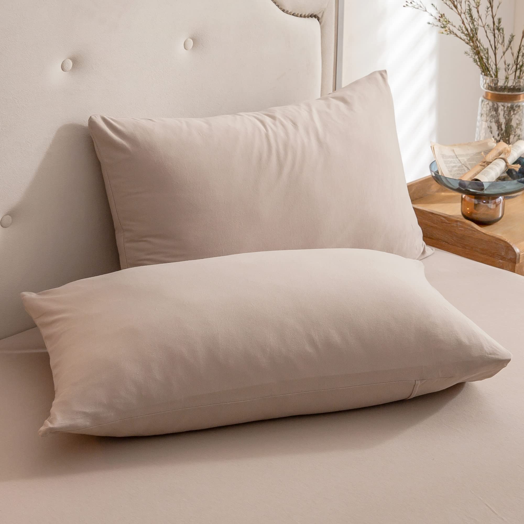 PURE ERA Jersey Knit Pillowcases 100% T-Shirt Cotton Super Soft Comfy Breathable, Set of 2, Queen 20" x 30", Solid Dark Beige